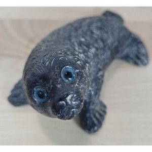 Al Wolf Seal Pup Hand Carved Black Soapstone Sculpture Canada Blue Eyes Vintage